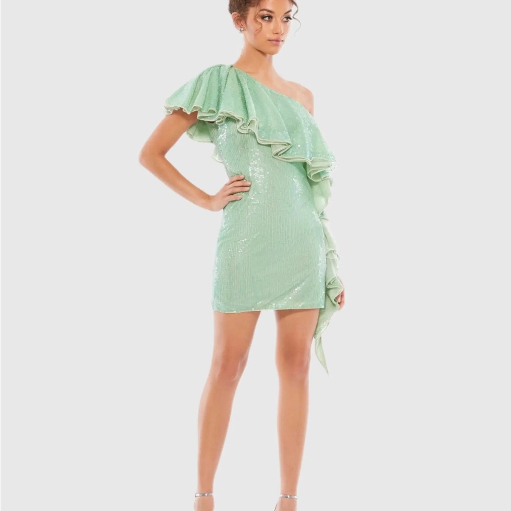Mac Duggal Green One Shoulder Ruffled Sequin Mini Dress